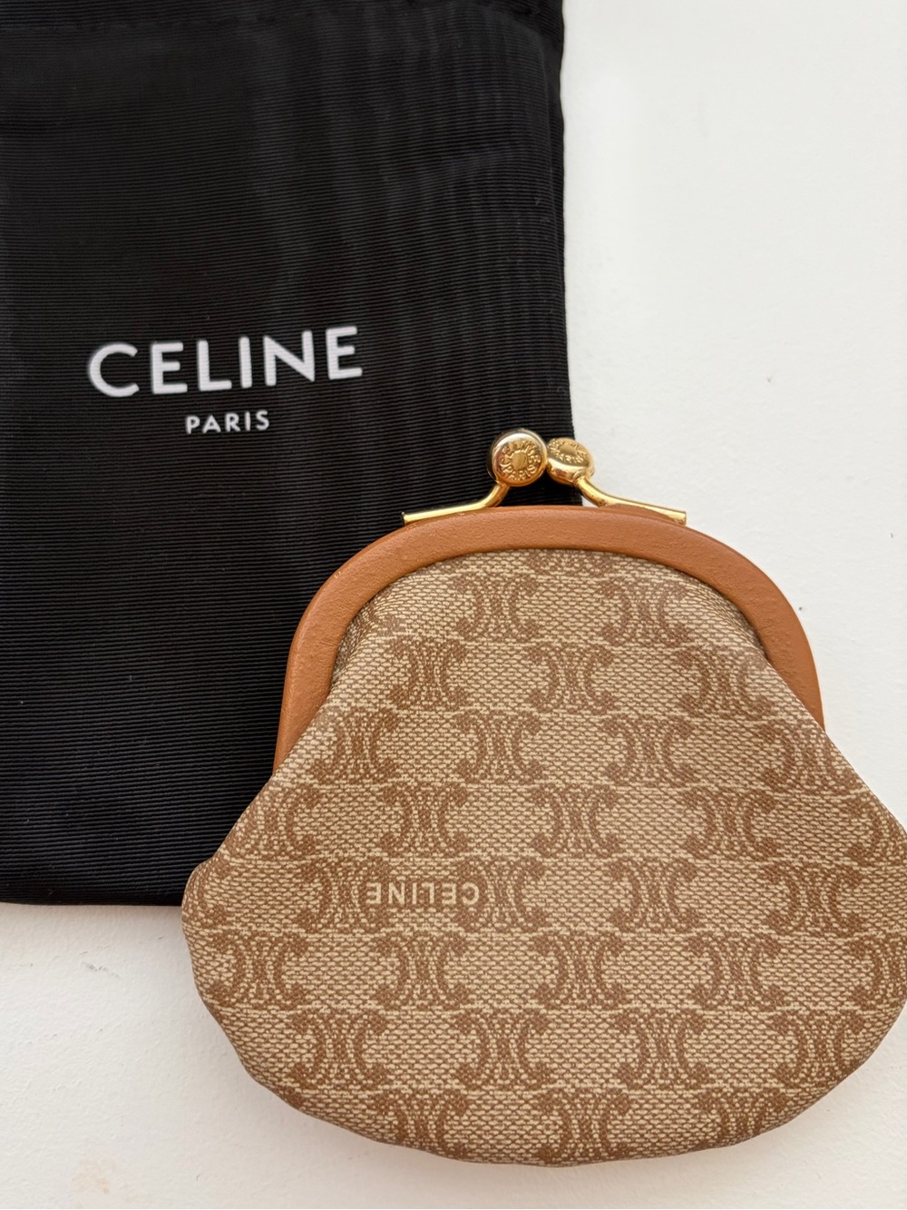 CELINE Vintage Triomphe Canvas Coin Purse Wallet with gold kiss-lock